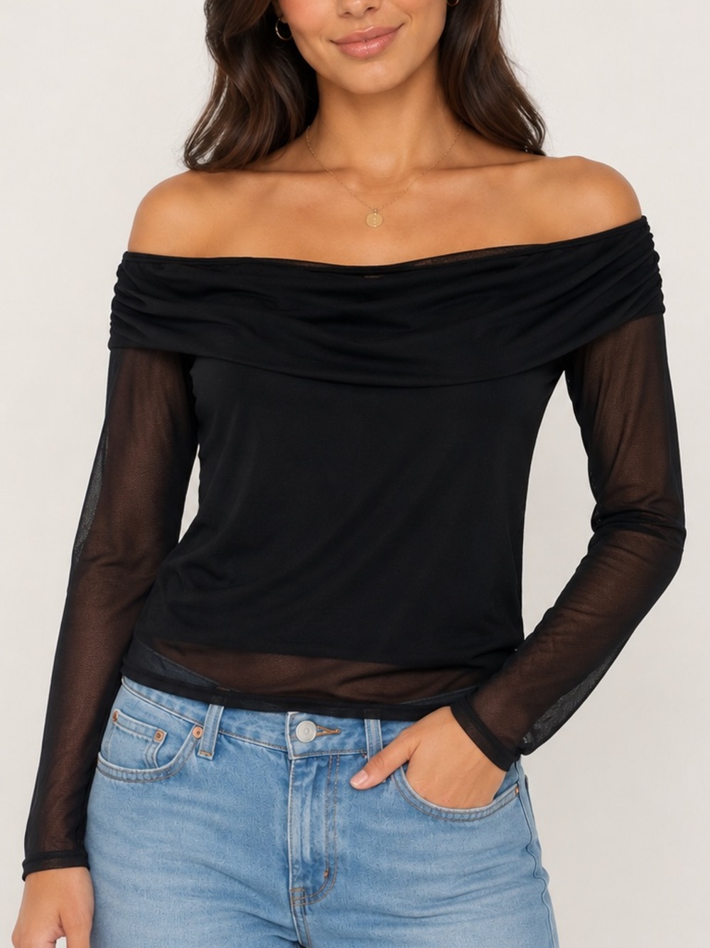 See You Monday Black Mesh Off Shoulder Long Sleeve Crop Top Blouse XL Evening